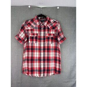 Eighty Eight Platinum Men's Short Sleeve Snap Button Shirt Red Blue Plaid Size M